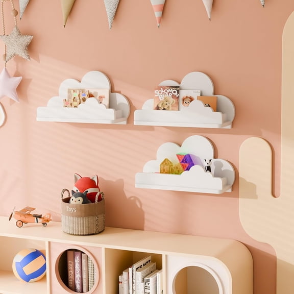 Cloud Shelves for Kid's Room, 13 Inch Long Nursery Wall Decor Set of 3, White Cloud Bookshelf Floating Shelf, Figure Shelf Wall Mounted, Cute Decorative Cloud Wall Shelf for Toys, Plants & Storage