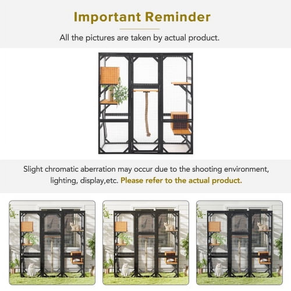 Outdoor Cat House Pine DIY Enclosure, Double Entry Catio with Platforms & 2 Condos, 62.8"L Balcony Playpen for 1-3 Cats, Black and Brown