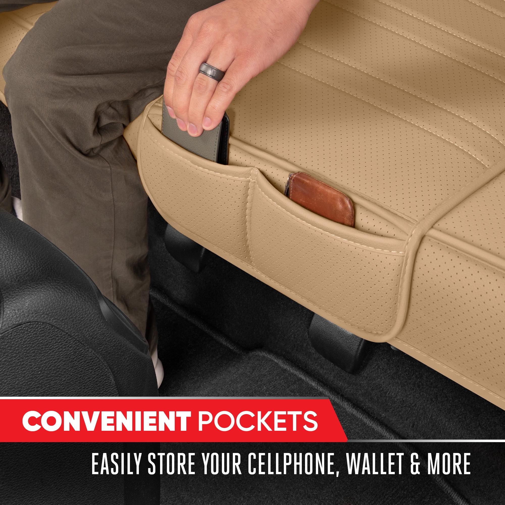Motor Trend Seat Covers for Cars Trucks SUV, Faux Leather Full Set Beige Padded Car Seat Covers with Storage Pockets, Premium Interior Car Seat Cover