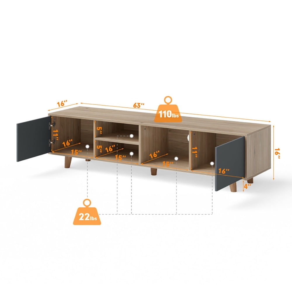 Finihen TV Stand, TV Cabinet, 63 Inch TV Stand with 2 Doors and Open Shelves, for Living Room, Bedroom, Sanremo Oak & Dark Grey