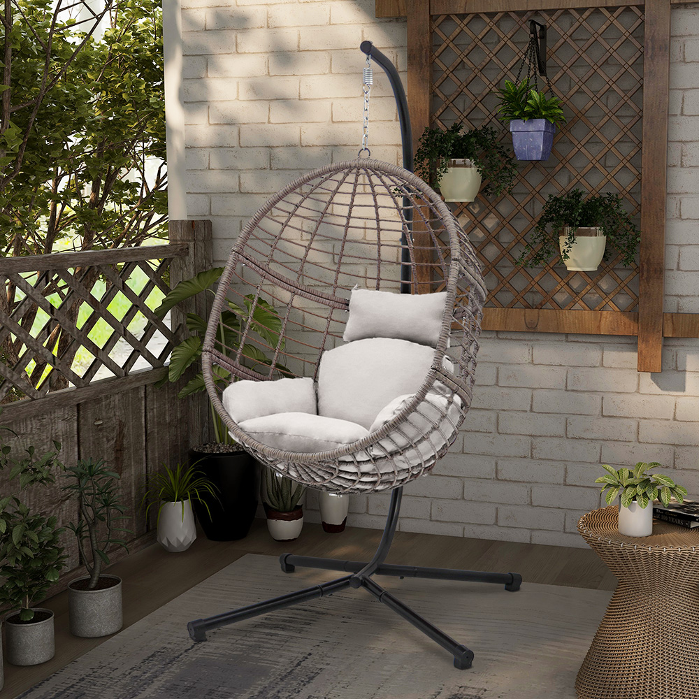 Abble Indoor Outdoor Wicker Hanging Egg Chair with Stand, Gray Swing Chair with White Cushion