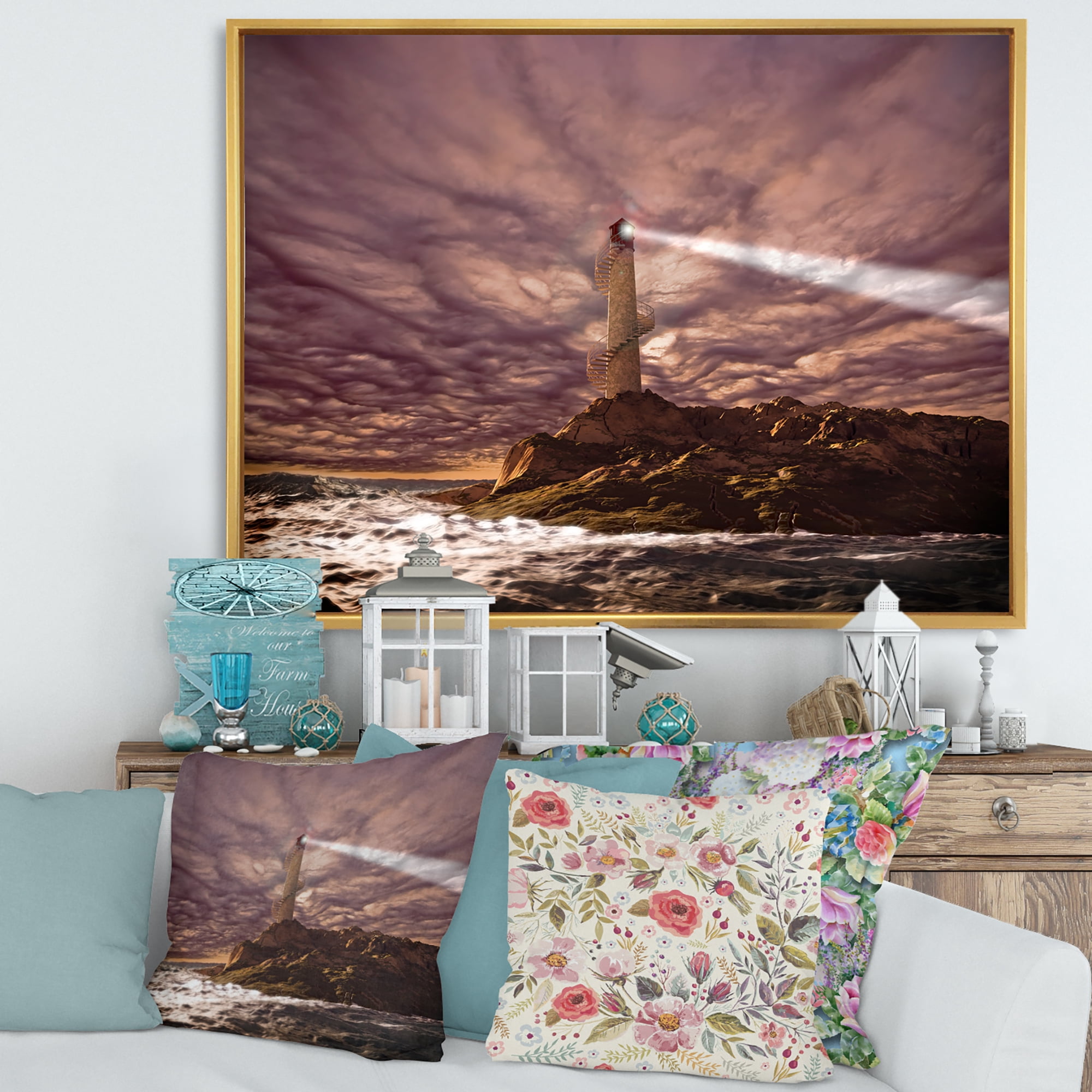 Designart 'Lighthouse Shining Light During Stormy Clouds Night I' Nautical & Coastal Framed Canvas Wall Art Print