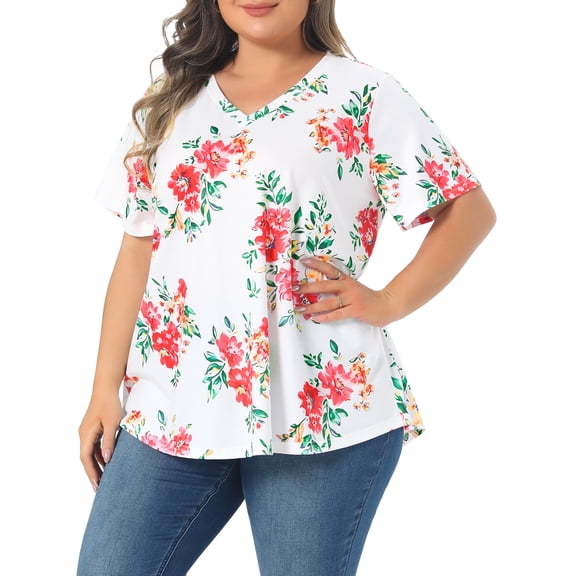 DARING DIVA Women's Plus Floral V Neck Blouse Tee Loose Tunics 1X White
