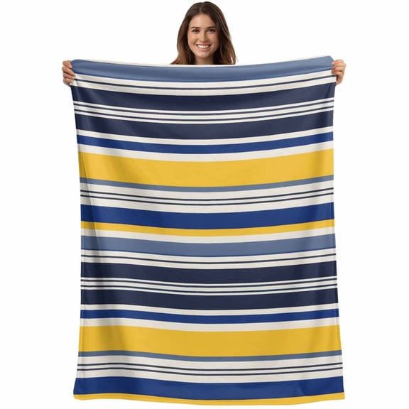 Navy Blue Yellow Striped Blanket Soft Cozy Warm Throw Blanket for Couch, Plush Fuzzy Flannel Fleece Blankets for Sofa, Farmhouse Vintage Stripe Bed Blankets Lightweight Gifts for Women, 32"x48"