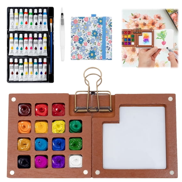 Mini Watercolor Paint Travel Set 24 Colors Pocket Palette With Sketchbook Brush (blue )