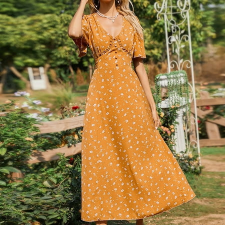 

Giligiliso Clearance Sundresses For Women Women S Collar Dress Short Sleeve Floral Button Chiffon Long Skirt