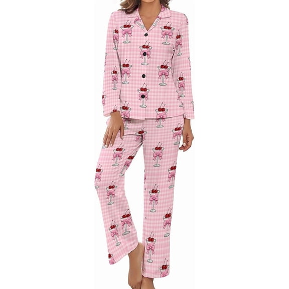 Top-kevin Pajama Sets for Womens Martini Cherry Bow Loose Button Down Long Sleeve Shirts And Pants Set