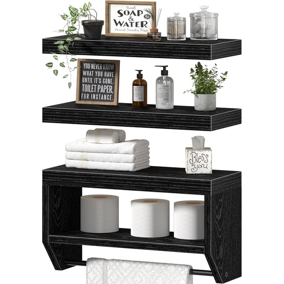 Bathroom Floating Shelves for Wall - Shelf Over Toilet Paper Storage Farmhouse 16 inch Set of 3, Black (028-40B3)