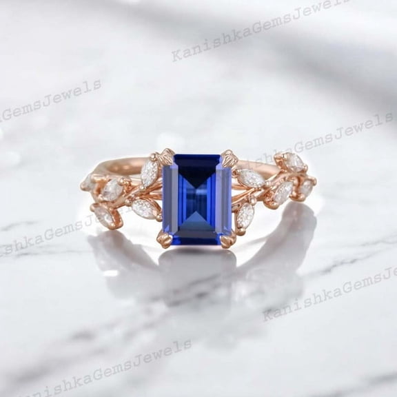 KANISHKAGEMS&JEWELS 2 Ct 8x6mm / Vintage Sapphire Engagement Ring CZ Diamond Twig Leaf Ring Nature Inspired Women Jewelry Holiday Gift For Daughter