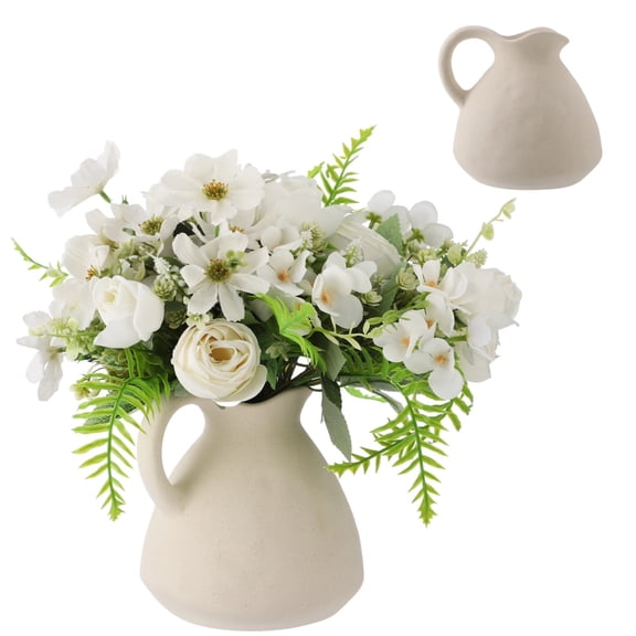 Ceramic Pitcher Vase, 6.4 in Farmhouse Rustic Vase with Handle for Home Decor, Matte White Vase, Rustic Decor for Table Centerpieces, Fireplace, Shelves