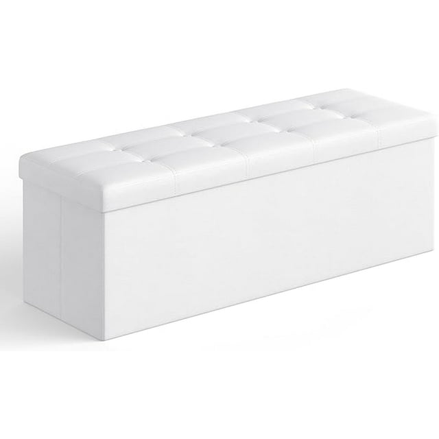 SONGMICS Puff Almacenaje, Banco de Almacenamiento, 38 x 110 x 38 cm, Soporta hasta 300 kg, para Sala de Estar, Dormitorio, Entrada, Blanco