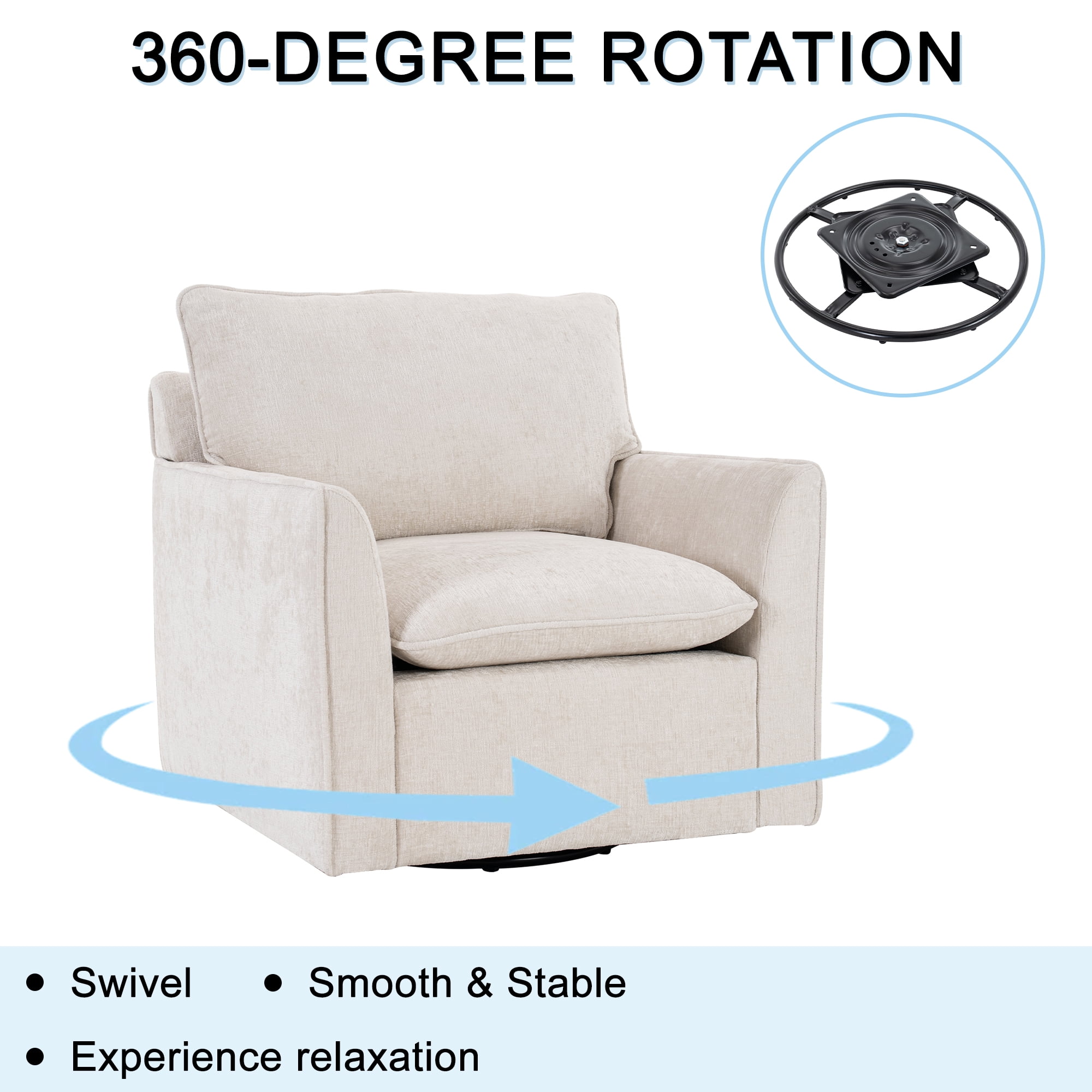 MOONMISS Chenille Swivel Accent Chair,Single Square Sofa Armchairs,Upholstered Club Chairs for Living Room,Beige