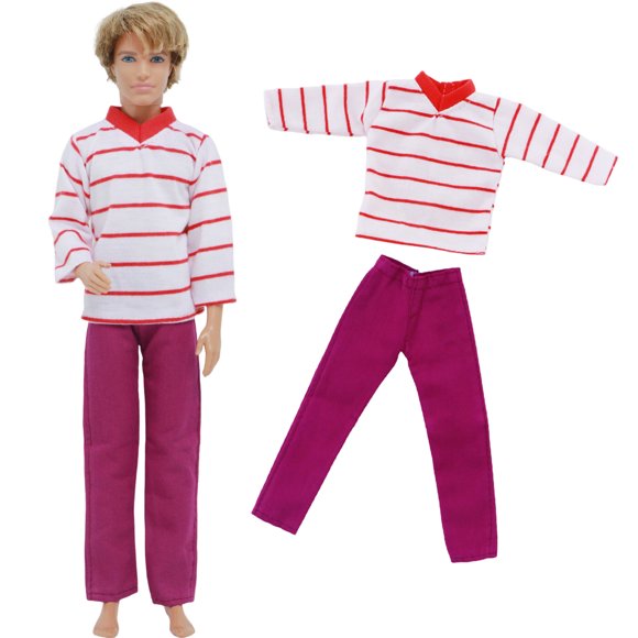 1 Set Fashion Doll Outfit Men Daily Wear Mix Striped T-shirt Shirt Pant Trousers Shoes Clothes for Ken Doll Accessories Kids Toy NO.W