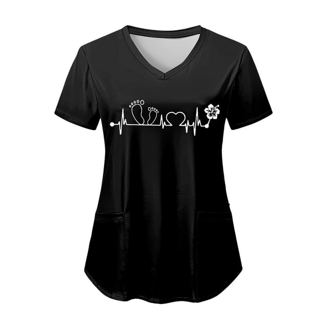 NIEWTR V Neck Pattern Print Scrub Tops Women Comfortable Durable Medical Uniform Blouses with 2-Pockets(Black,S)