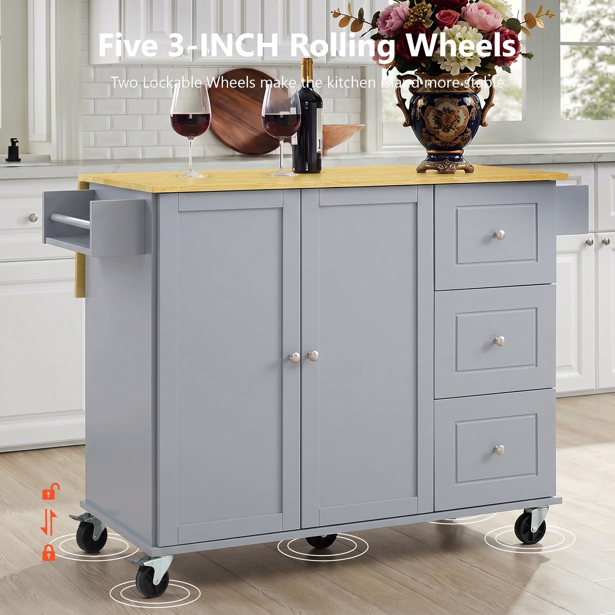 52.7" Kitchen Island with Storage & Drop Leaf, Rolling Kitchen Island Cart on Wheels with 3 Drawers, Adjustable Shelf, Spice & Towel Rack, Island Table for Small Kitchen & Dining Room, Grey Blue