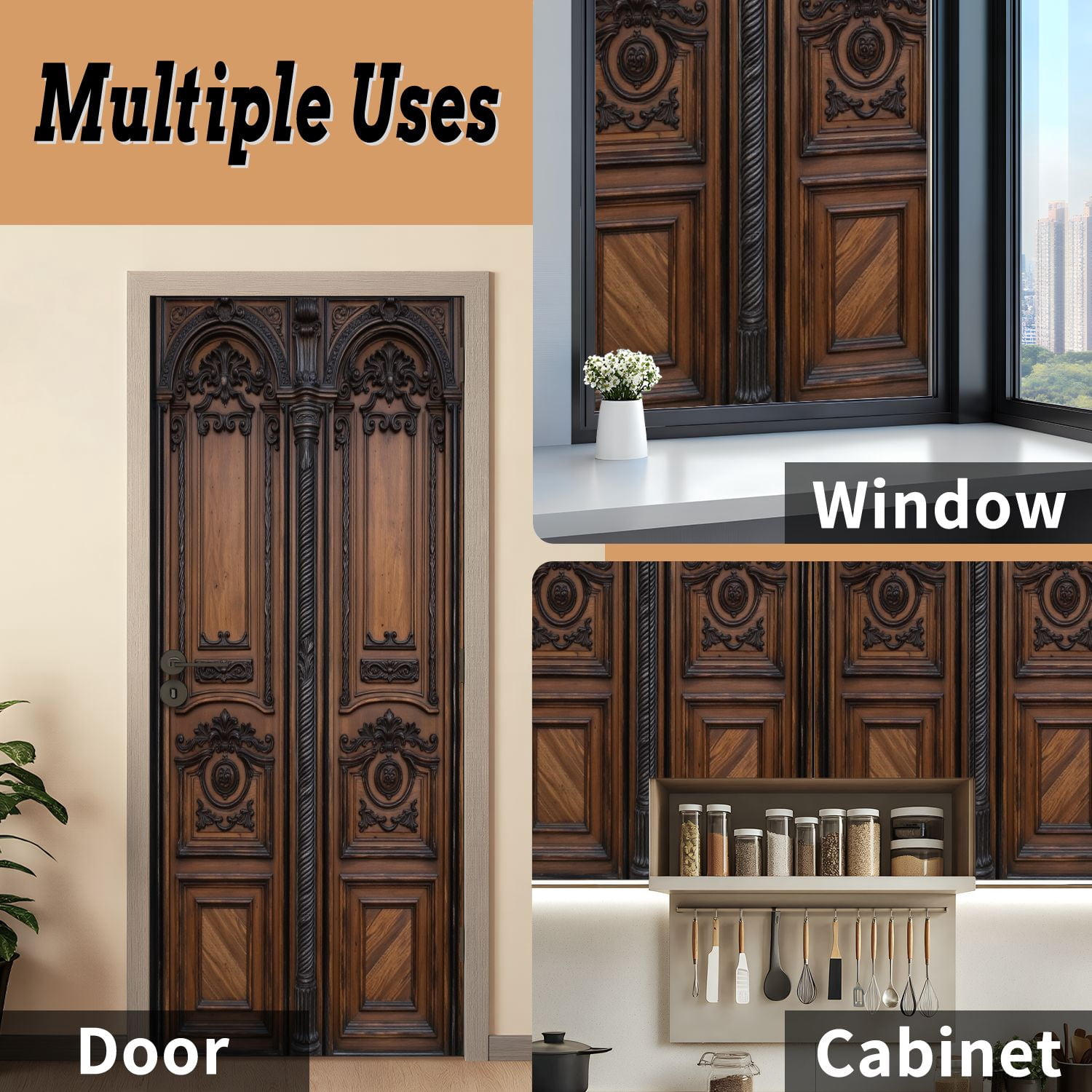 Self Adhesive Vinyl Refrigerator Wrap Set Ancient brown hard wooden door window Beautiful church entry Door Mural Removable Fridge Sticker Peel and Stick&nbsp;Full Door Cover Decal Kitchen Bar Decor