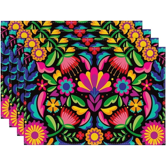 4pcs Mexican Fiesta Placemats Table Mats Durable Washable Rustic Linen Vintage Placemats for Home Dinner Party Camping Wedding Table Decoration 12 x 18 Inch