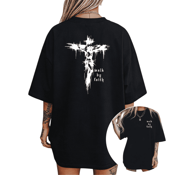 Women's "Walk By Faith" Abstract Jesus Cross Religious Quote Inspirational Casual T Shirt Short Sleeve Round Neck Top Black S-5XL