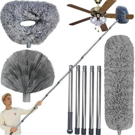 20+ Ft High Reach Ceiling Fan Duster & Cobweb & Corner Brush Duster with 3-14 ft Spliceable Pole Microfiber Feather Duster for Spider Web High Ceiling Blinds Furniture Cleaning Tool Kit