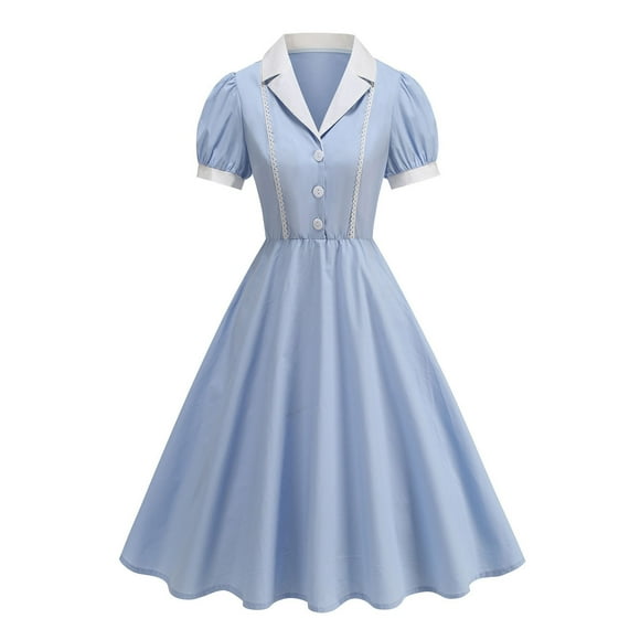 Ltctricy Women's Vintage Midi Dress Lantern Short Sleeve Notched Collared V Neck Button Flowy A-Line Dress Cocktail Party Dresses