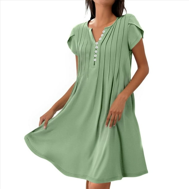 Vestido Tipo Túnica de Verano para Mujer, Corta, Cuello en V, Holgado, Informal, Plisado, Verde , Talla XXL