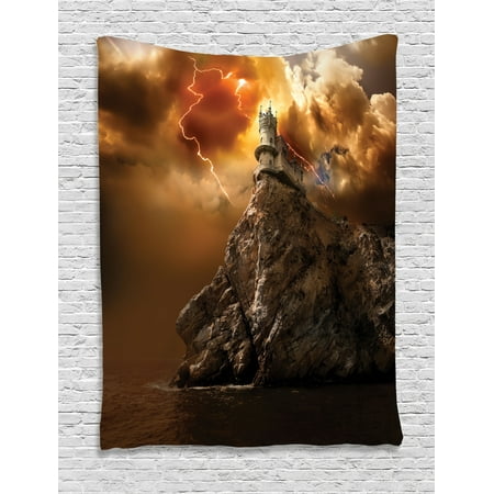 Fantasy Tapestry Fantasy Castle On Top Of The Cliff With Thunder