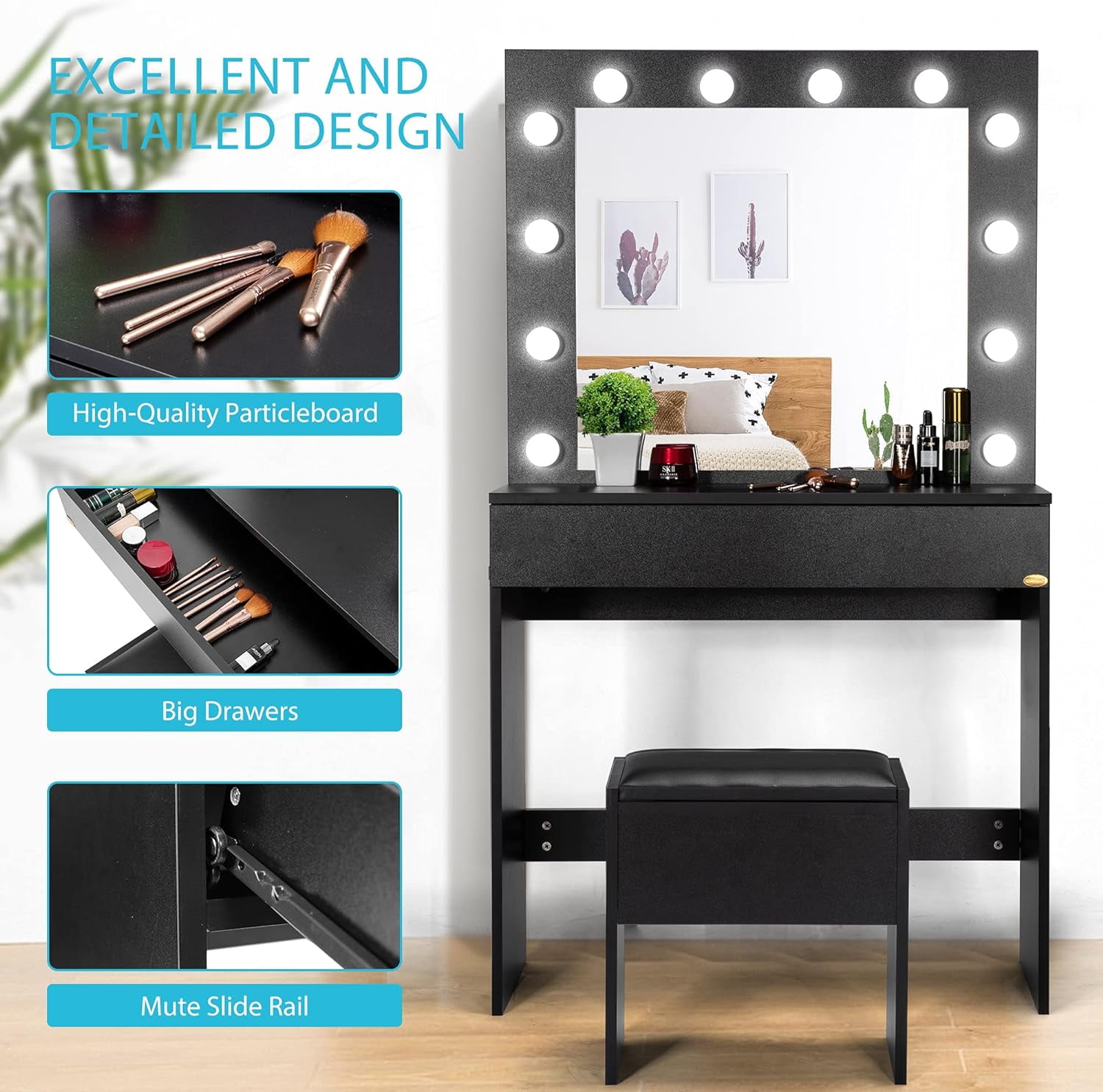 SPECSTAR Makeup Vanity Set with 12 Light Bulbs, Makeup Dressing Table with Lighted Mirror and Large Drawer, Black