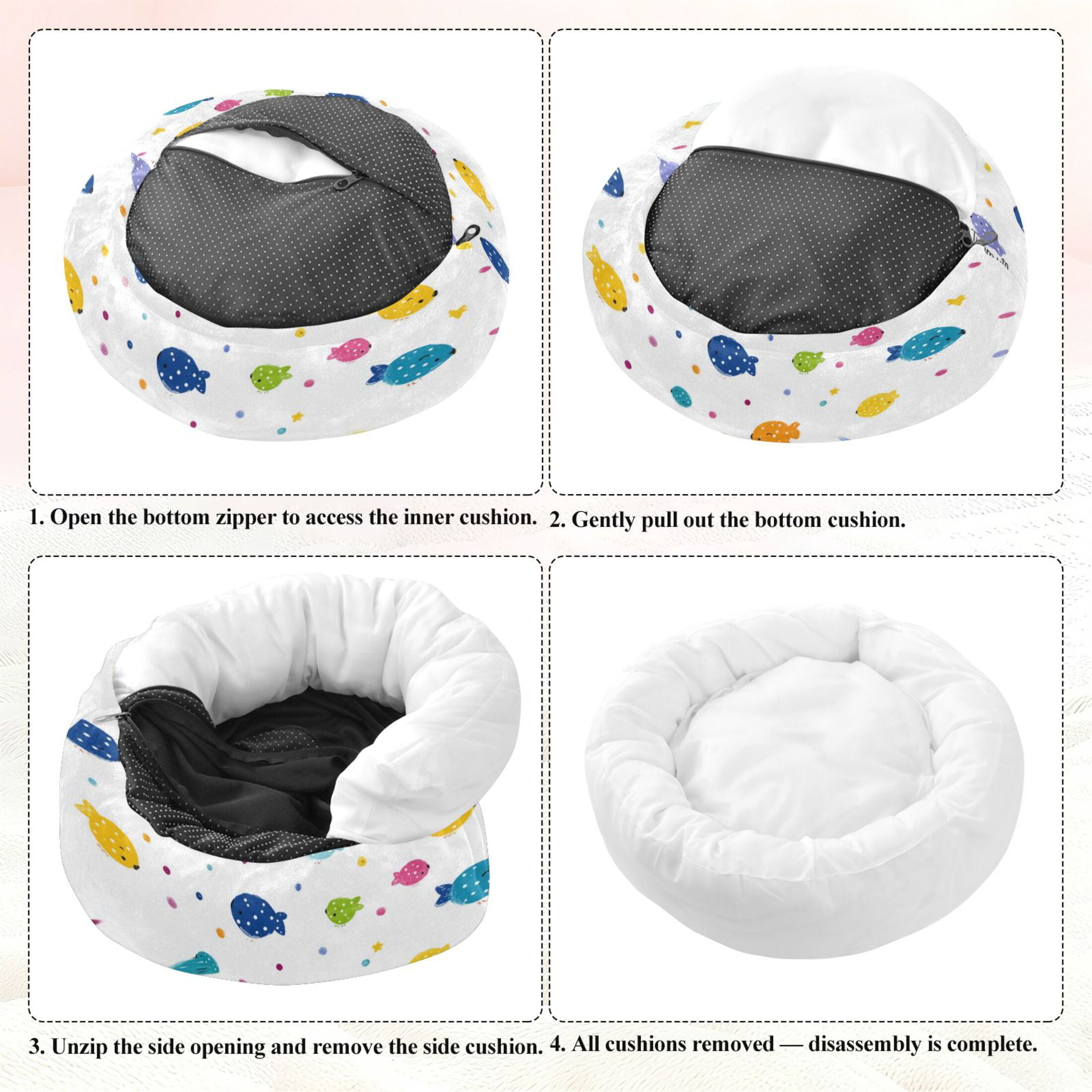 Iauyy Pet Couch Donut Cat Bed for Indoor Cats/Small Dogs Washable & Machine with Non-slip Bottom Calming Cat Furniture, Cute Little Fish (M)