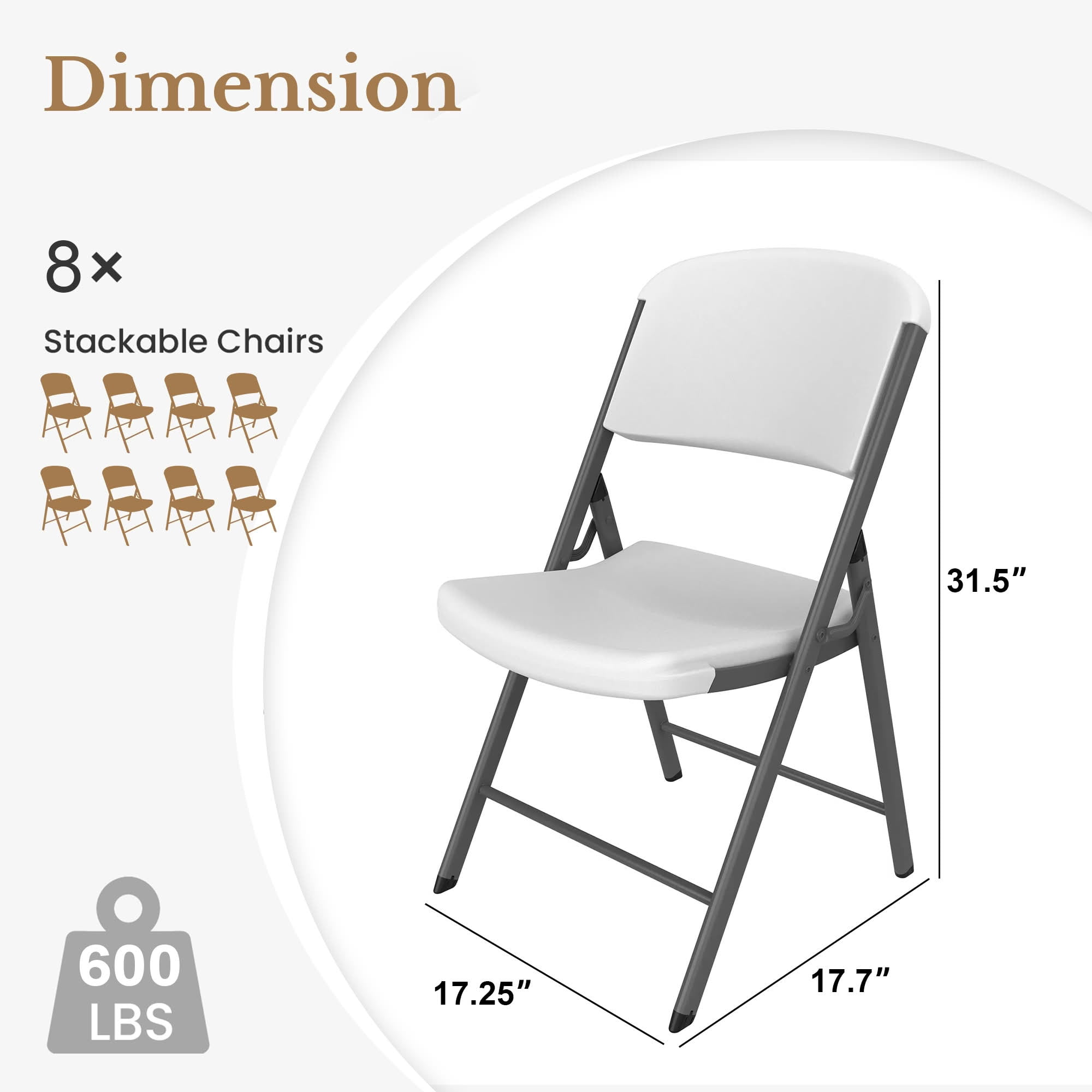 MAYEERTY White HDPE Folding Chairs 10 Pack, 600LB Capacity Powder Coated Steel Stackable UV Water Resistant Event Chairs