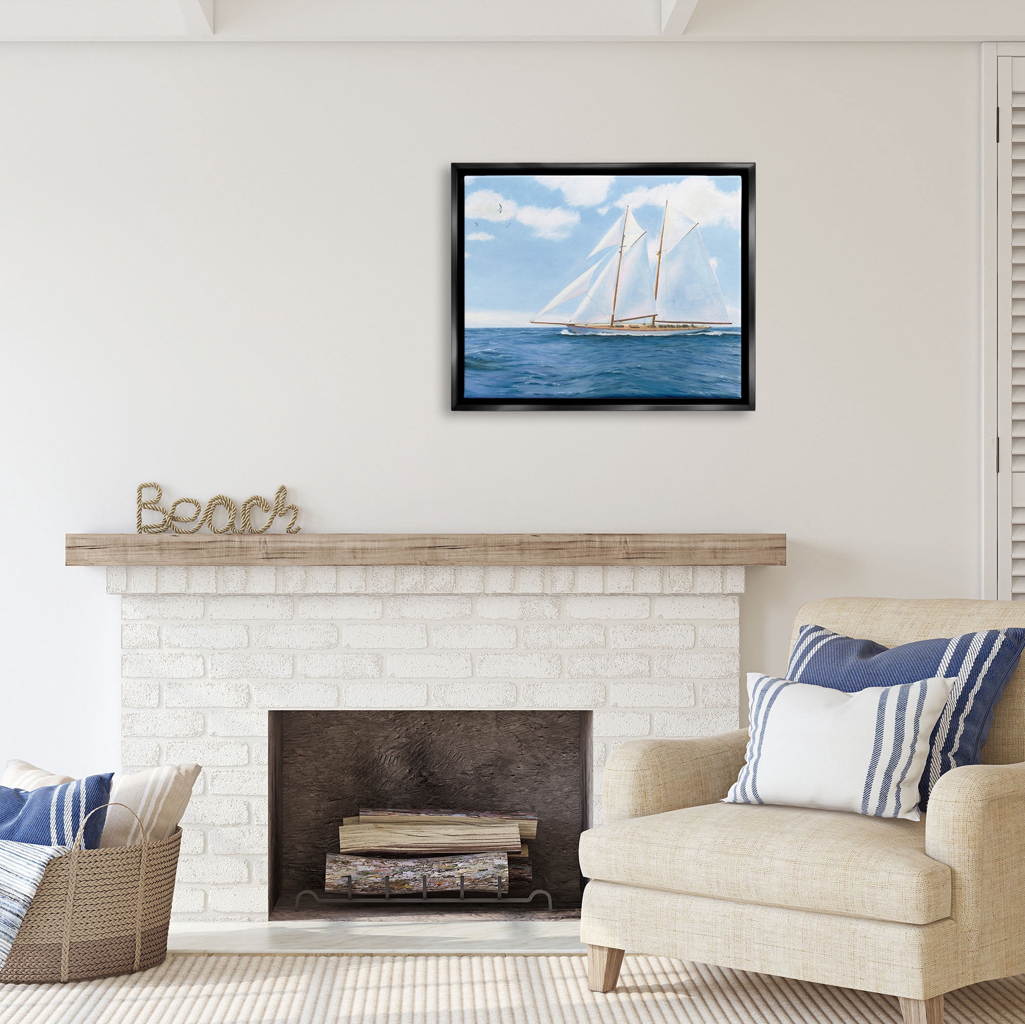 Stupell Industries Blue Nautical Sailboat Transportation Painting Black Floater Framed Art Print Wall Art, 31 x 25