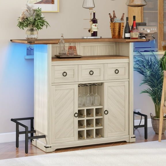 Uforic 6 Tier Home Bar Unit with LED Light, 55" Wine Cabinet with 2 Drawers, Farmhouse Mini Liquor Bar with Wine Rack and Footrest Bar Table for Home Pub, Party, Walnut