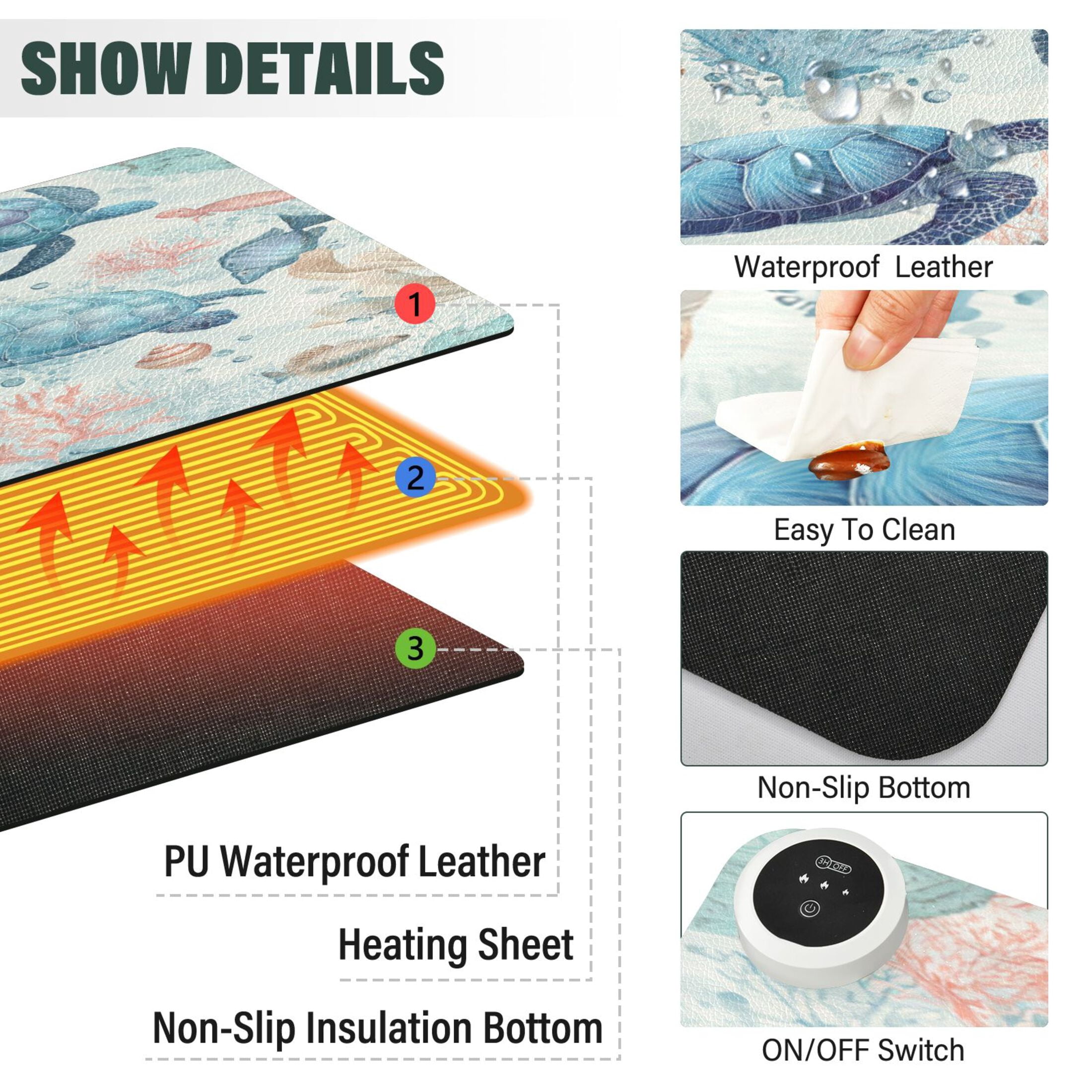 Large Heated Desk Mat Mouse Pad 31.5"x13"PU Leather Graphene Heating Desk Warmer with 3 Temperature Settings 110V US Plug Non-Slip Warm Pad for Home, Office, and Gaming Deep Green Sea Turtles