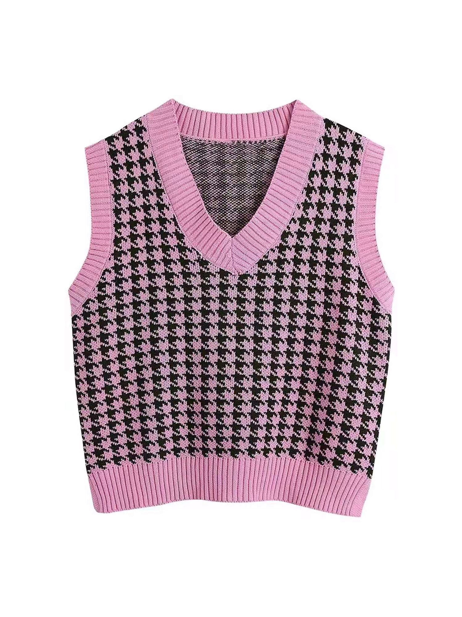 Women Argyle Plaid Knit Sweater Crop 