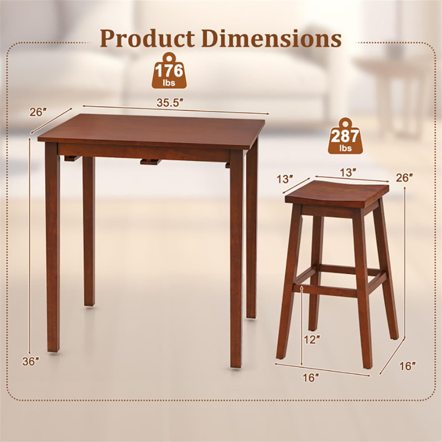 Demi Bonn 3-Piece Bar Table Set with Pub Table and 2 Saddle Stools, 35" Wooden Kitchen Dining Table Set, Perfect for Small Space, Brown