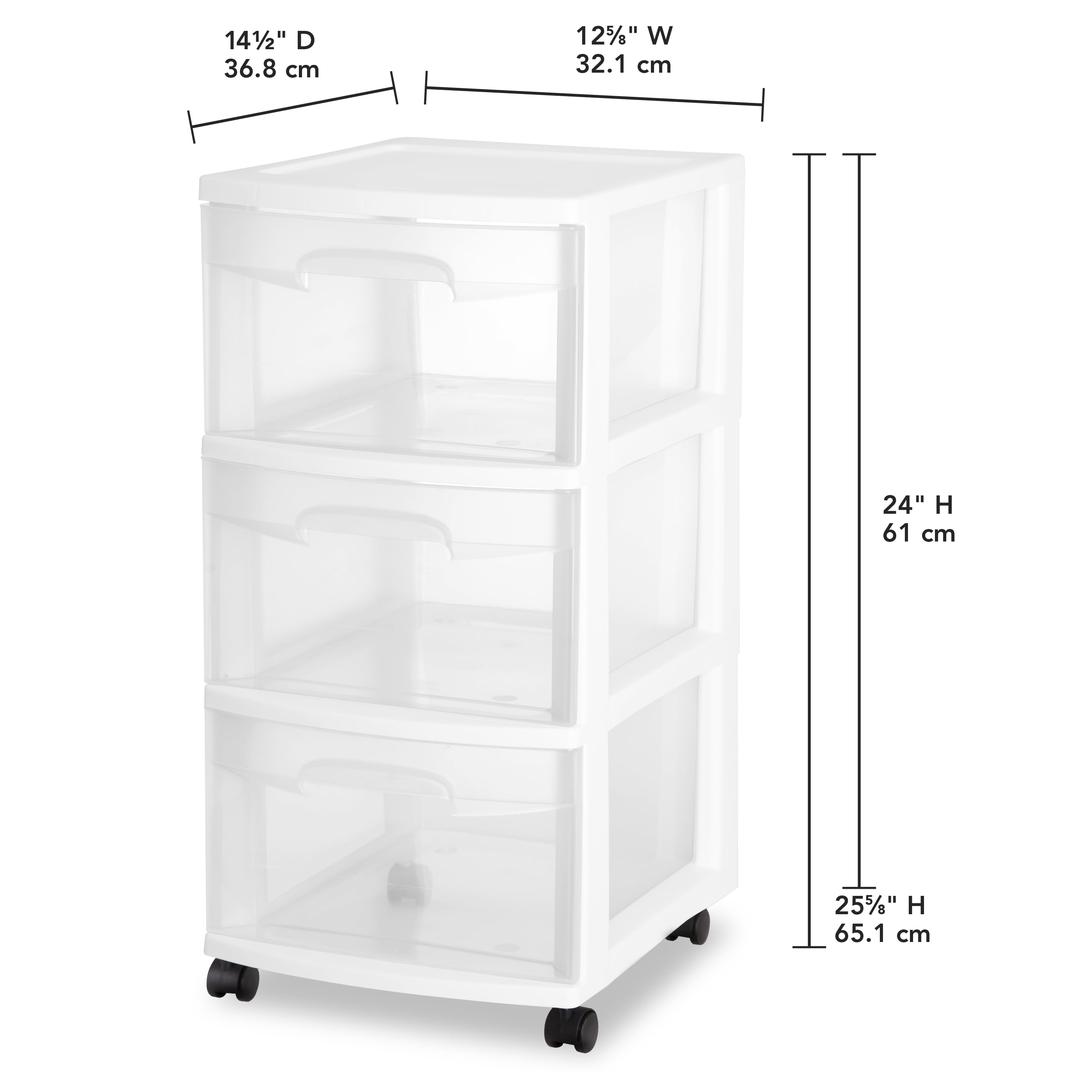 White Frame with Clear Drawers and Black Casters STERILITE 28308002 3 Drawer Cart