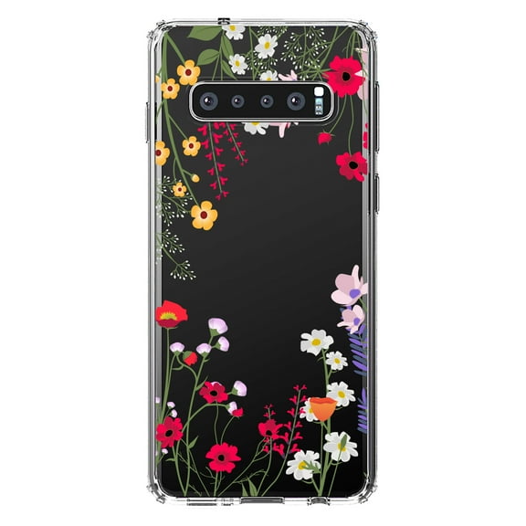 DistinctInk Clear Shockproof Hybrid Case for Samsung Galaxy S10  PLUS (6.4" Screen) - TPU Bumper Acrylic Back Tempered Glass Screen Protector - Wildflowers Border Blue Pink Purple
