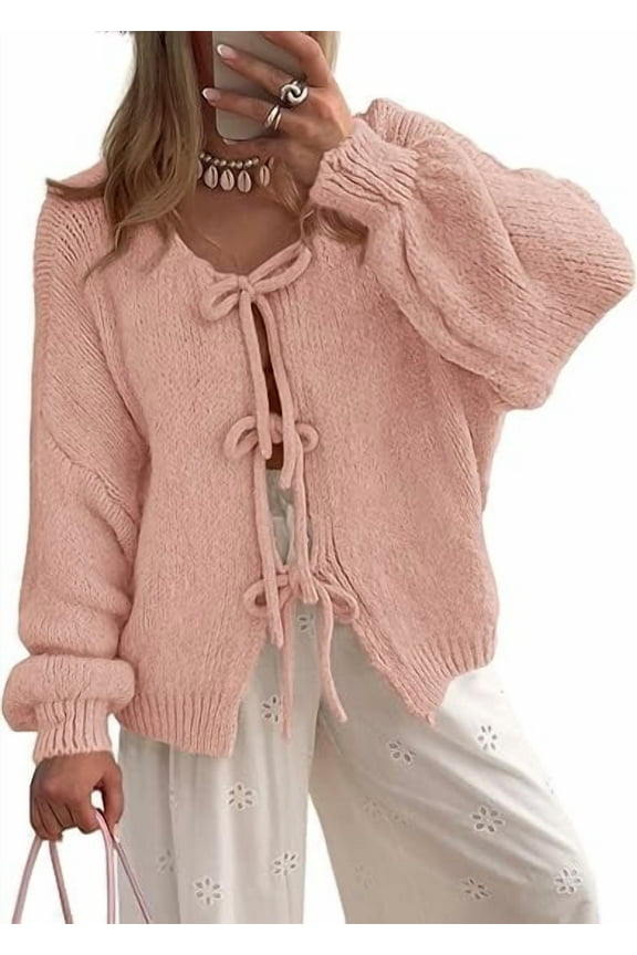 Women's Tie Front Bow Cardigan Sweaters Chunky Knit Long Puff Sleeve Trendy Fall Winter Jacket Coats