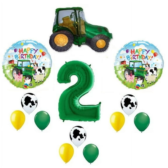 Farm Tractor 13 Piece #2 2nd Green Yellow Happy Birthday Balloon Bouquet Party Decoration