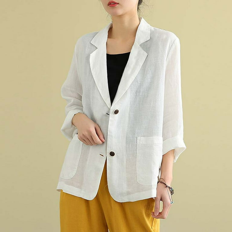 ジャケット WHITE COTTON BLAZER WREESH Womens Cotton Linen Blazer Fashion Casual Long Sleeve