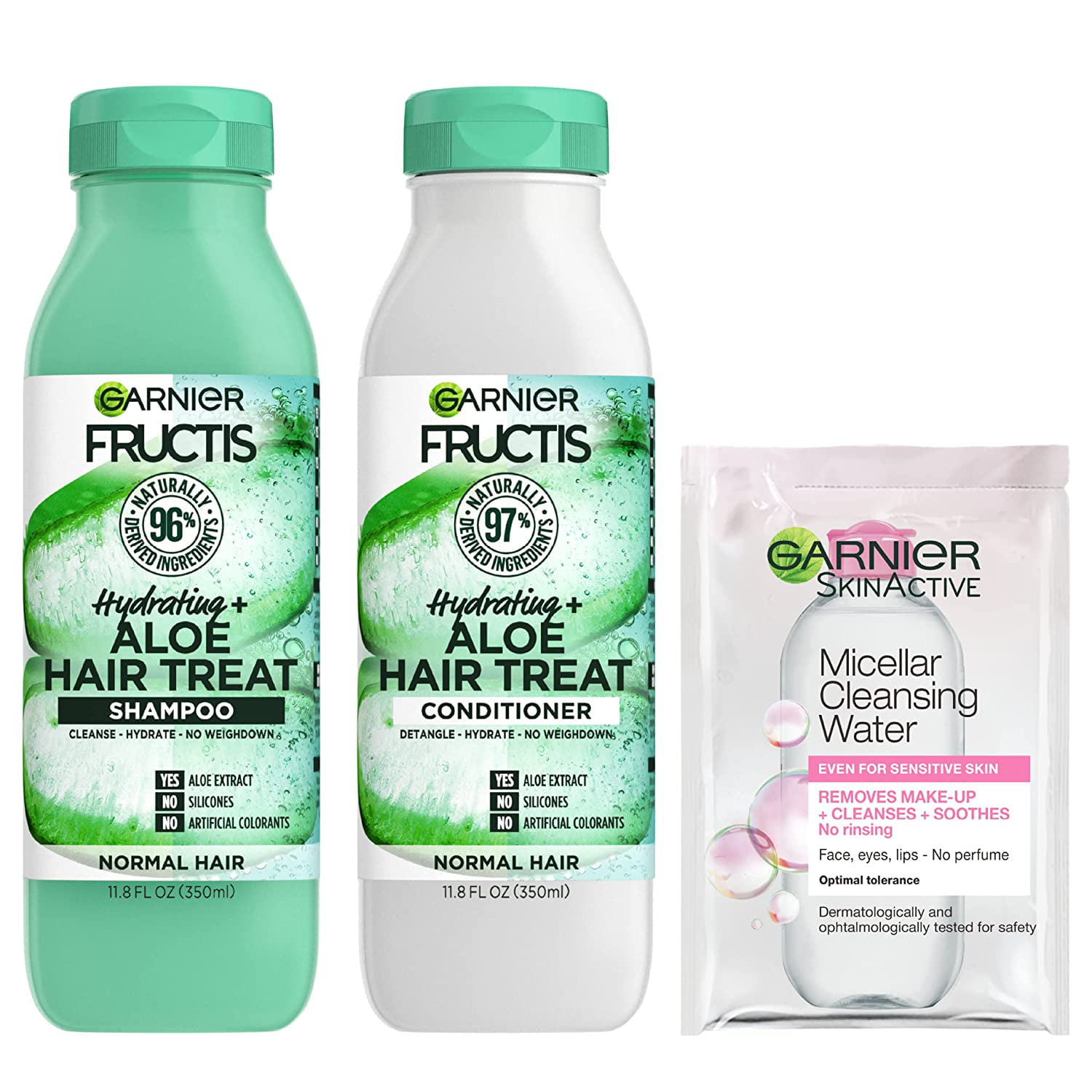 Garnier Haircare Fructis Hydrating Treat Shampoo And Conditioner, 98  Percent Naturally Derived Ingredients, Aloe, Nourish Dry Hair,  Oz Ea,  W/Micellar Sample (Packaging May Vary) 