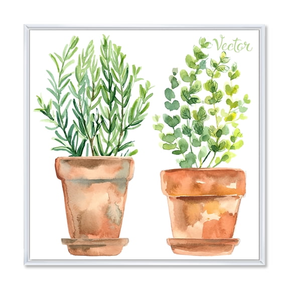 Designart 'Two Green House Plants In Orange Cly Pots' Traditional Framed Canvas Wall Art Print