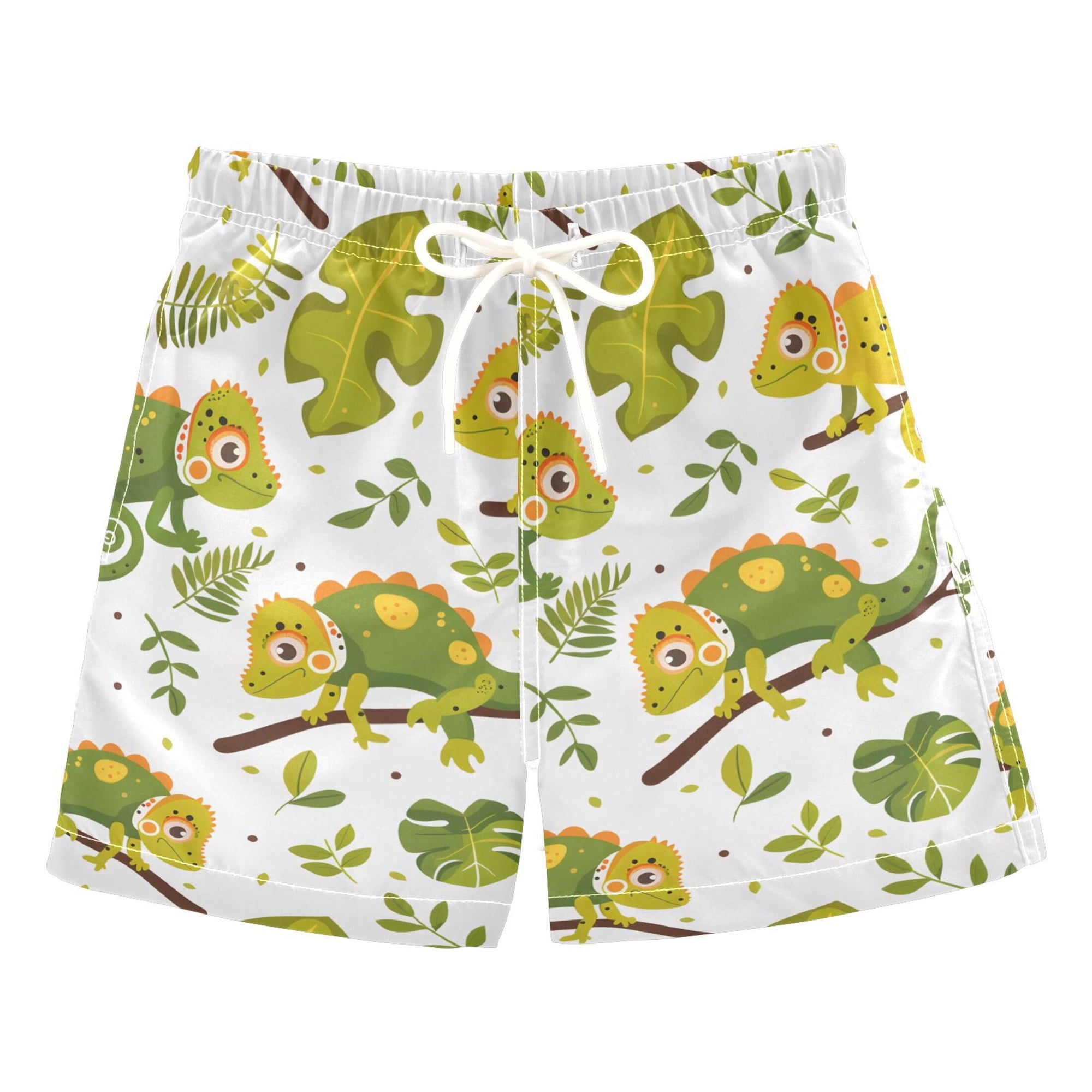 joogoo Boys Swim Trunks Cute Chameleon and Palm Leaf Beach Board Shorts Drawstring Swimsuit XS