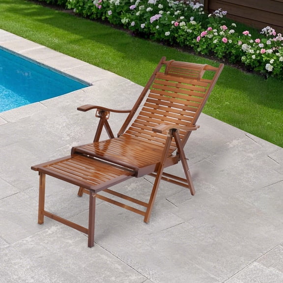 Bamboo Folding Lounge Chair, 5-Position Adjustable Recliner with Footrest, Ergonomic, 440 lbs Capacity, No Assembly, Portable for Indoor/Outdoor