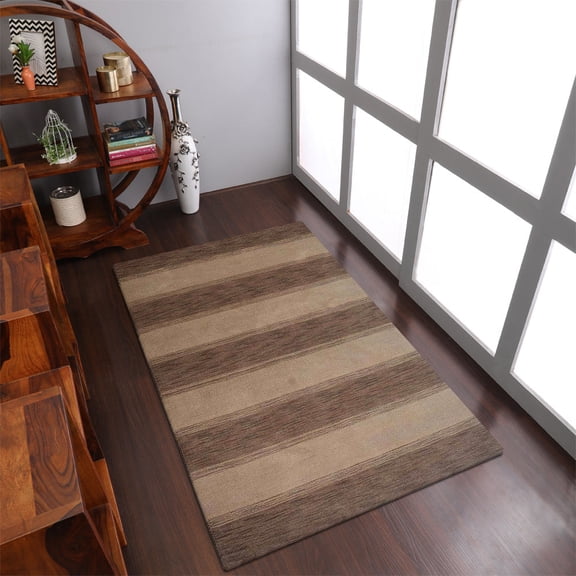 Rugsotic Carpets Hand Knotted Wool Area Rug 6'x9' Brown Beige Contemporary Rectangle Indoor Rug for Living Room, Bedroom Antimicrobial L00205