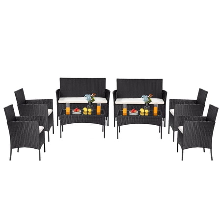 Balcony Outdoor Furniture Sets 8 Pieces Conversation Chair Wicker Set with 2 Loveseat and 4 Single Chairs Outdoor Indoor Use Leisure Outdoor Chairs with Soft Cushion and Glass Table Black S6760