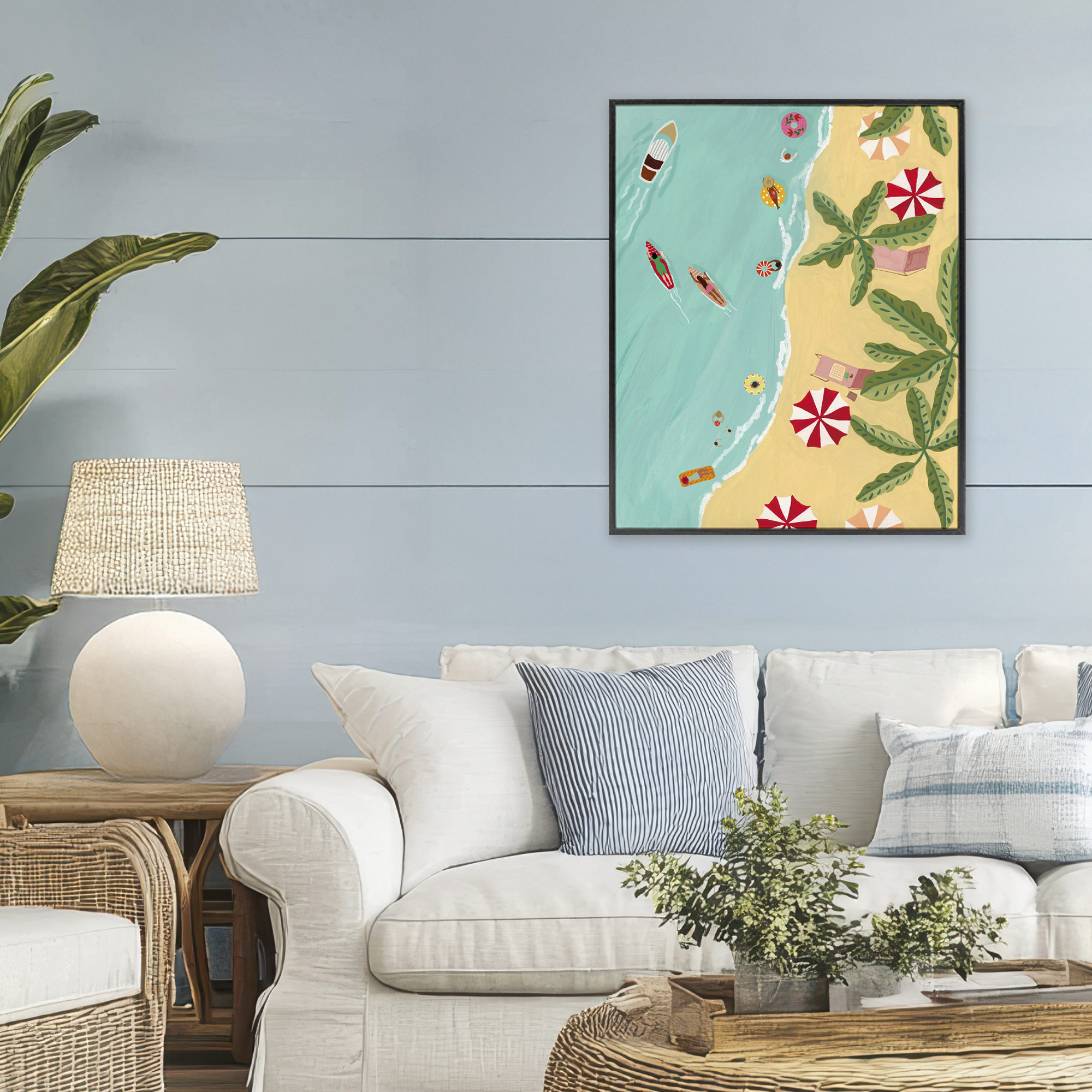 Busy Beach Day Hangout Black Framed Giclee Art, design by Nabeela Rumi