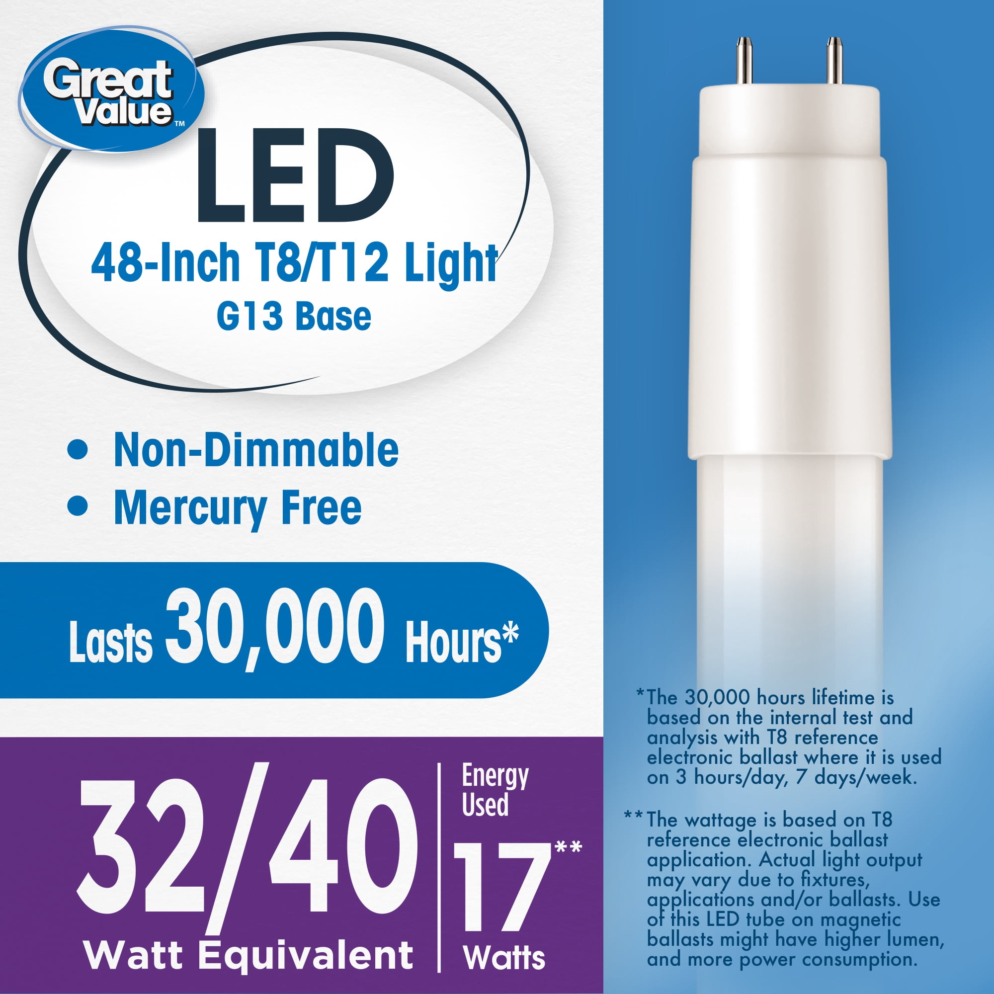 Great Value LED Light Bulb, 17 W T8/T12 Replacement Lamp, G13 Base