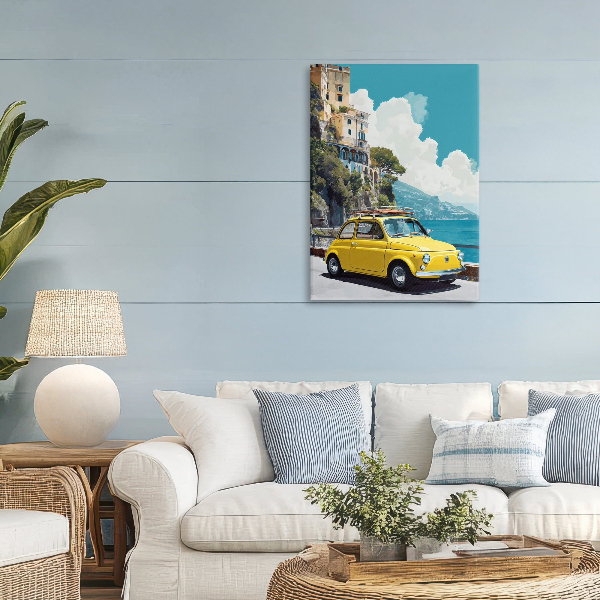 Stupell Industries Yellow Car on Coast Canvas Wall Art, design by Petal Prints Design