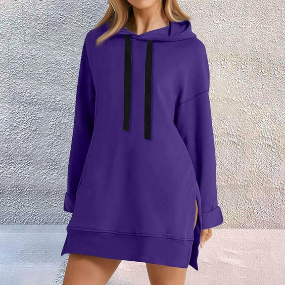 The Warmy Oversized Hoodie,Casual Oversized Hoodie Dress For Women Pullover Long Sweatshirt Split Hem Tops Purple L