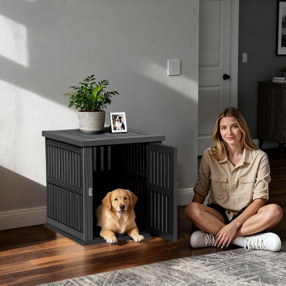 Dog Crate Furniture for Small to Medium Dogs,Decorative Resin Kennel Indoor,Multifunctional Dog Crate with Locking Buckle,End Table,Durable and Sturdy(Black 29.65 * 21.34 * 25.28)